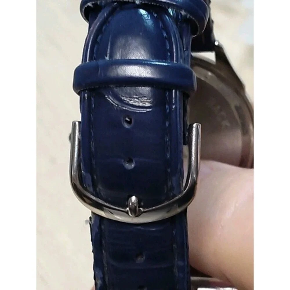 Chico's Womens Watch 39mm Silver Tone Navy Blue Leather  Band New Battery 2/2026